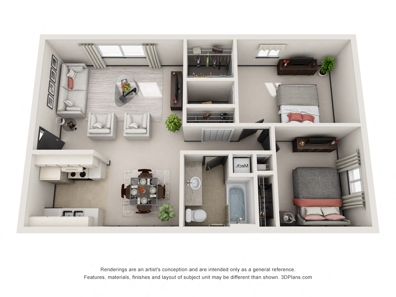 Floor plan for 2 beds, 1 bath, 832 sqft